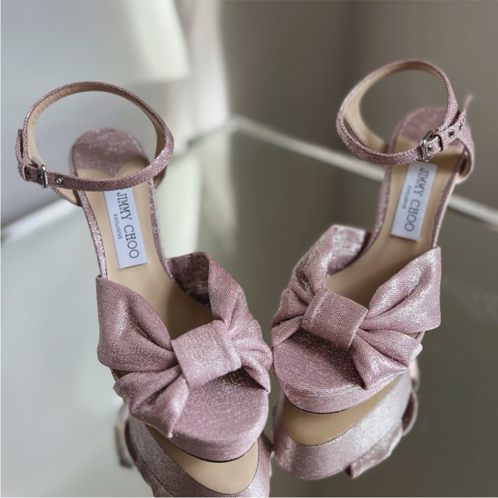 New JIMMY CHOO Heloise Shimmer Ankle-Strap Platform Sandals Balletpink $1,095 39